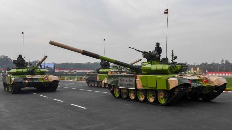 Indian Army T-90 tanks take part in a parade